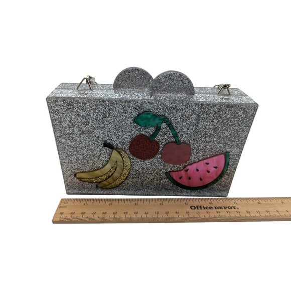 BARI LYNN Fruit Box Clutch Bag Chain Strap Acrylic Hard Sided Glitter - Picture 5 of 12